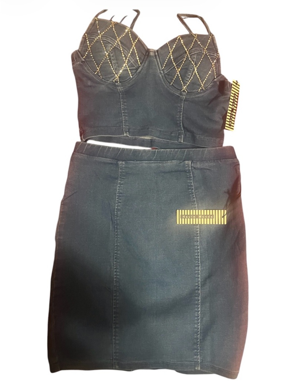 Haute Monde Denim  Blue Bustier Top with Rhinestones Bustier